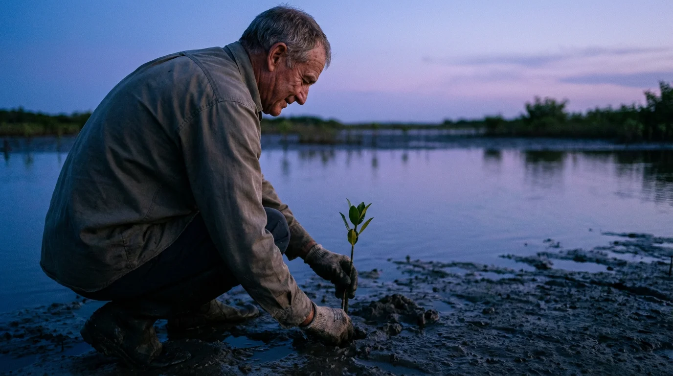 A senior volunteer plants a mangrove sapling in a coastal wetland at dusk.