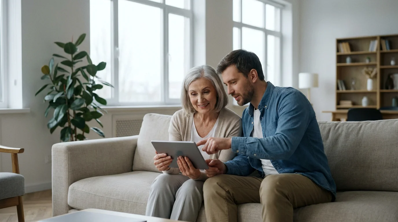A senior woman and her grandson sitting on a sofa, learning to use a tablet.