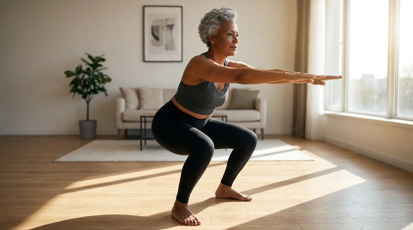 A senior woman demonstrates a perfect bodyweight squat in her modern, sunlit living room.