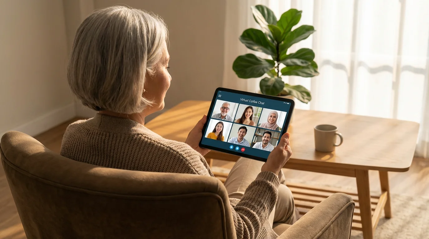 A senior woman from behind using a tablet for a video call with friends.