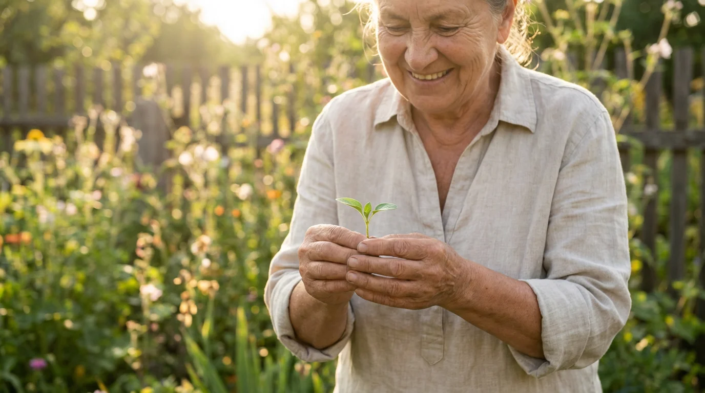 A senior woman in a sunlit garden holding a small new plant sprout.
