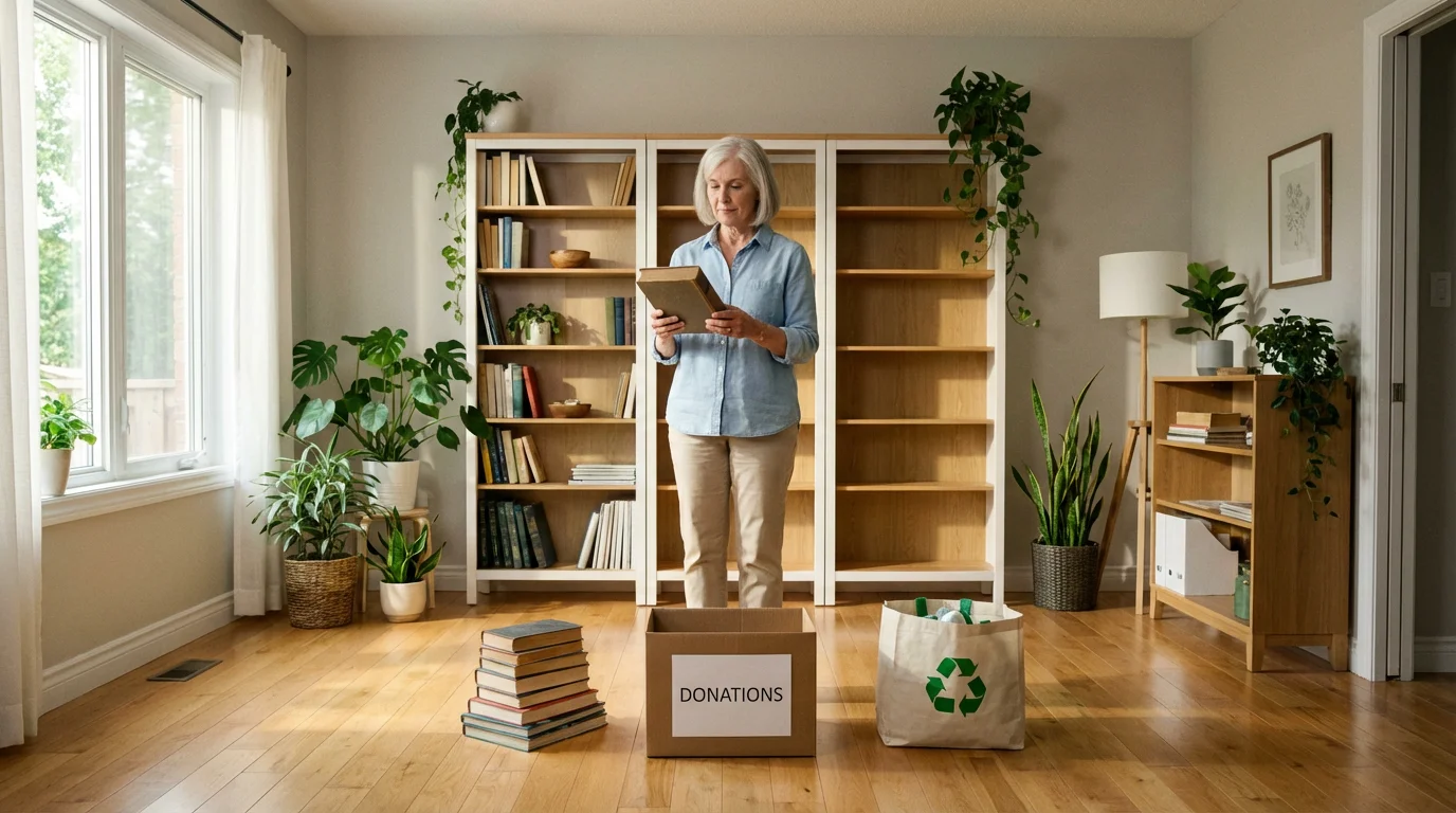 A senior woman in a sunlit home office thoughtfully sorting books for downsizing.