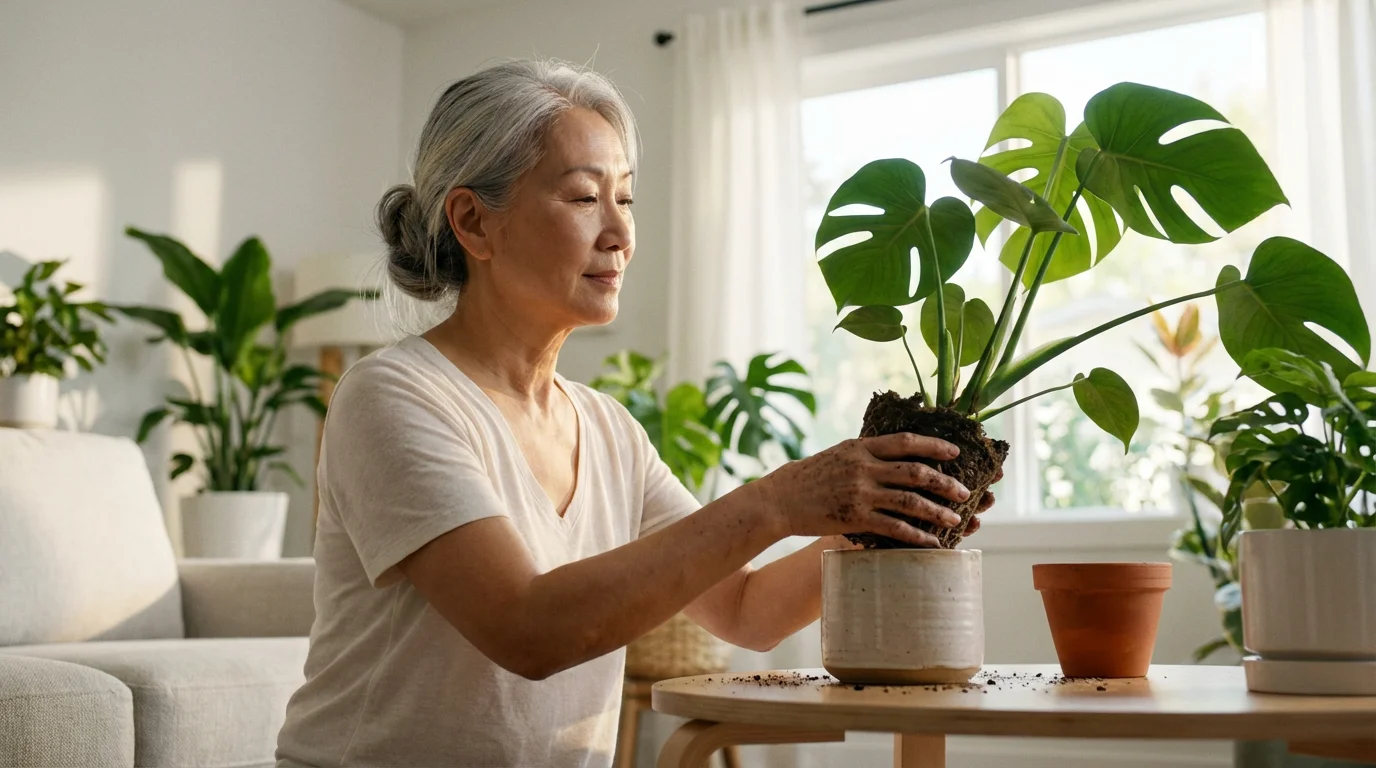 A senior woman in a sunlit room carefully repotting a large green houseplant.
