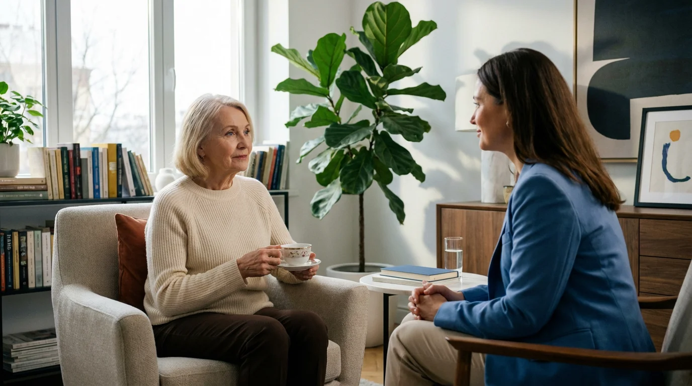 A senior woman in a supportive counseling session with a therapist in a bright office.