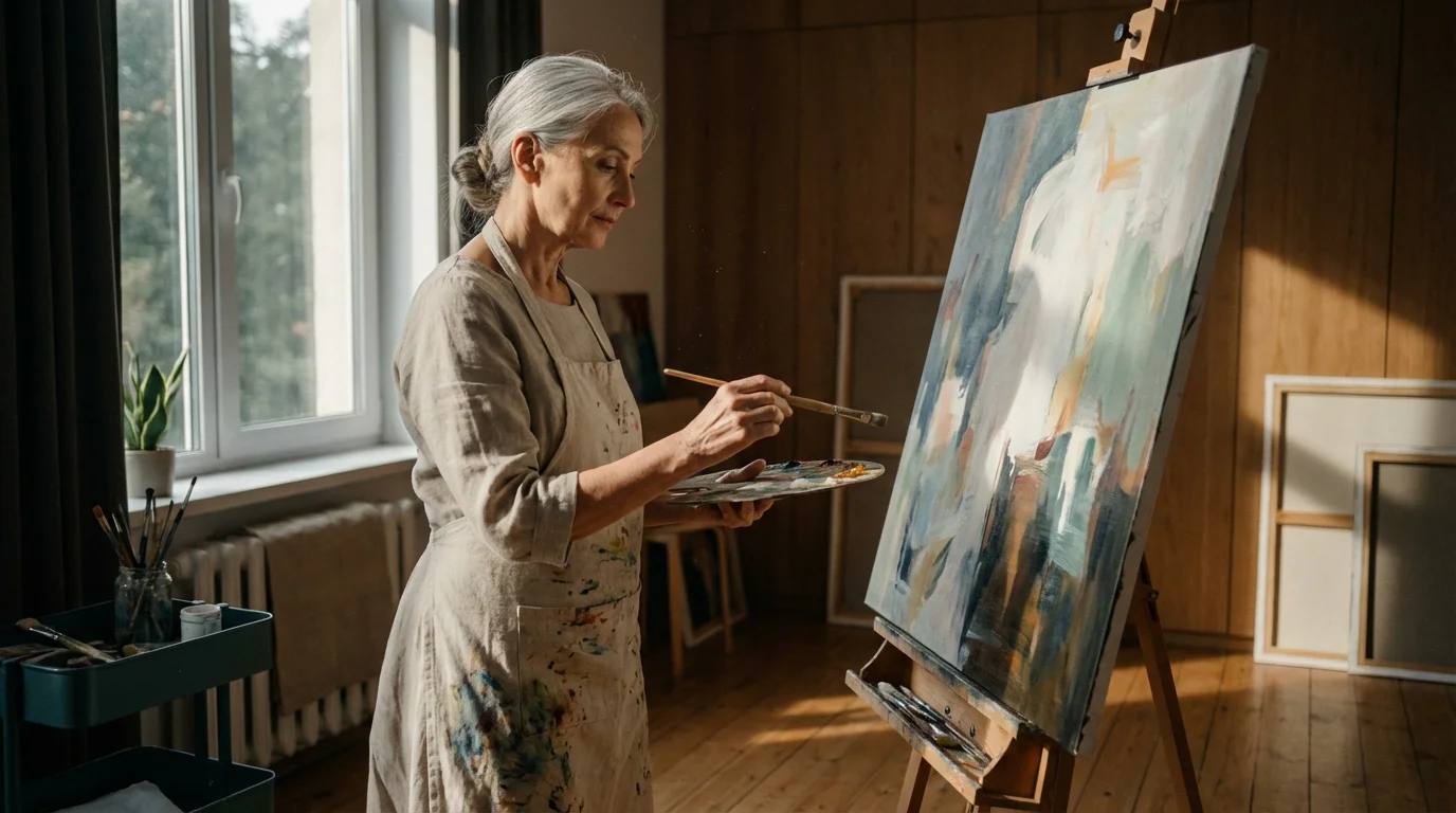 A senior woman in an apron painting an abstract canvas in her sunlit studio.