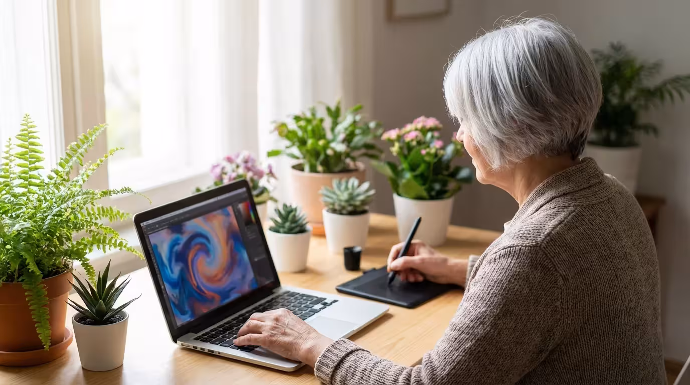 A senior woman learns digital art on a laptop and graphics tablet in a sunroom.