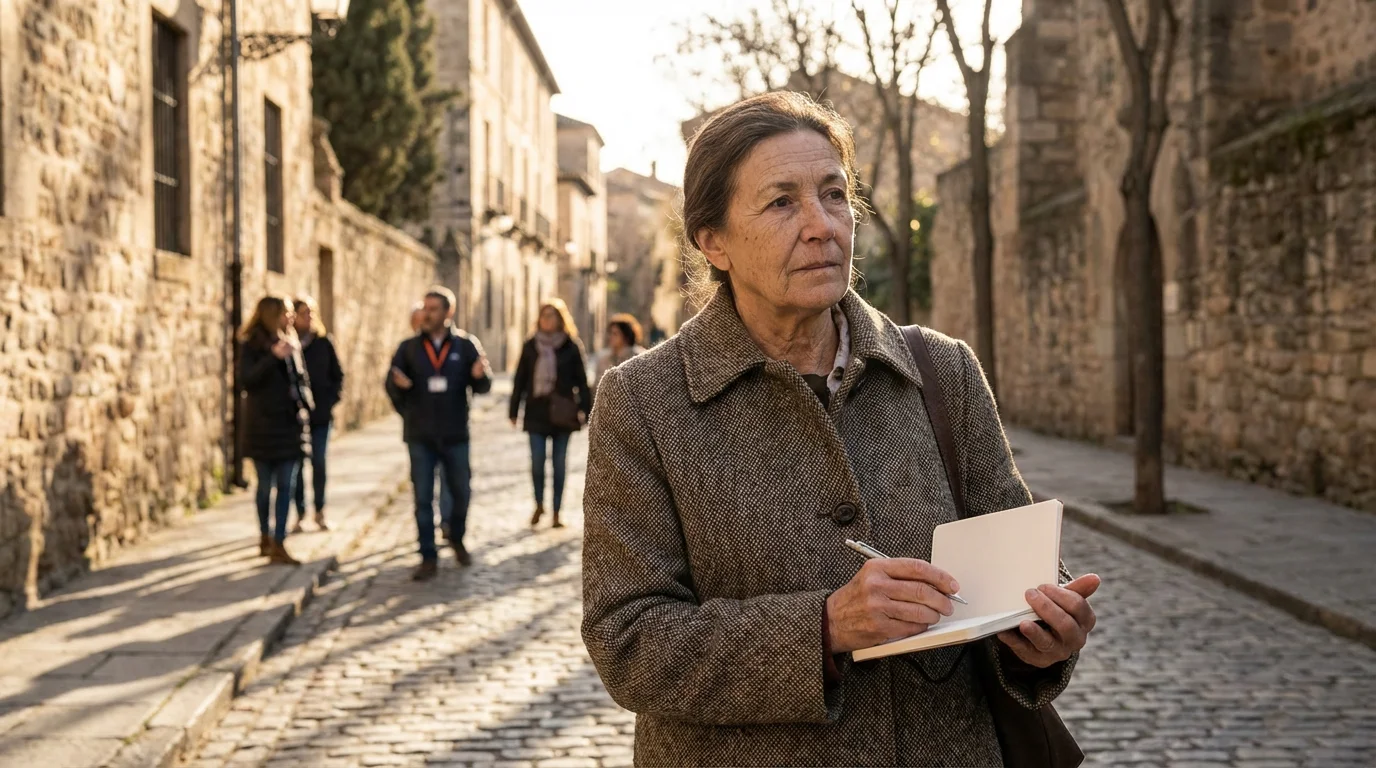 A senior woman looks thoughtful while on a walking tour in a new city.