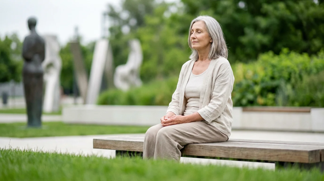 A senior woman meditating peacefully on a park bench in soft, overcast light.