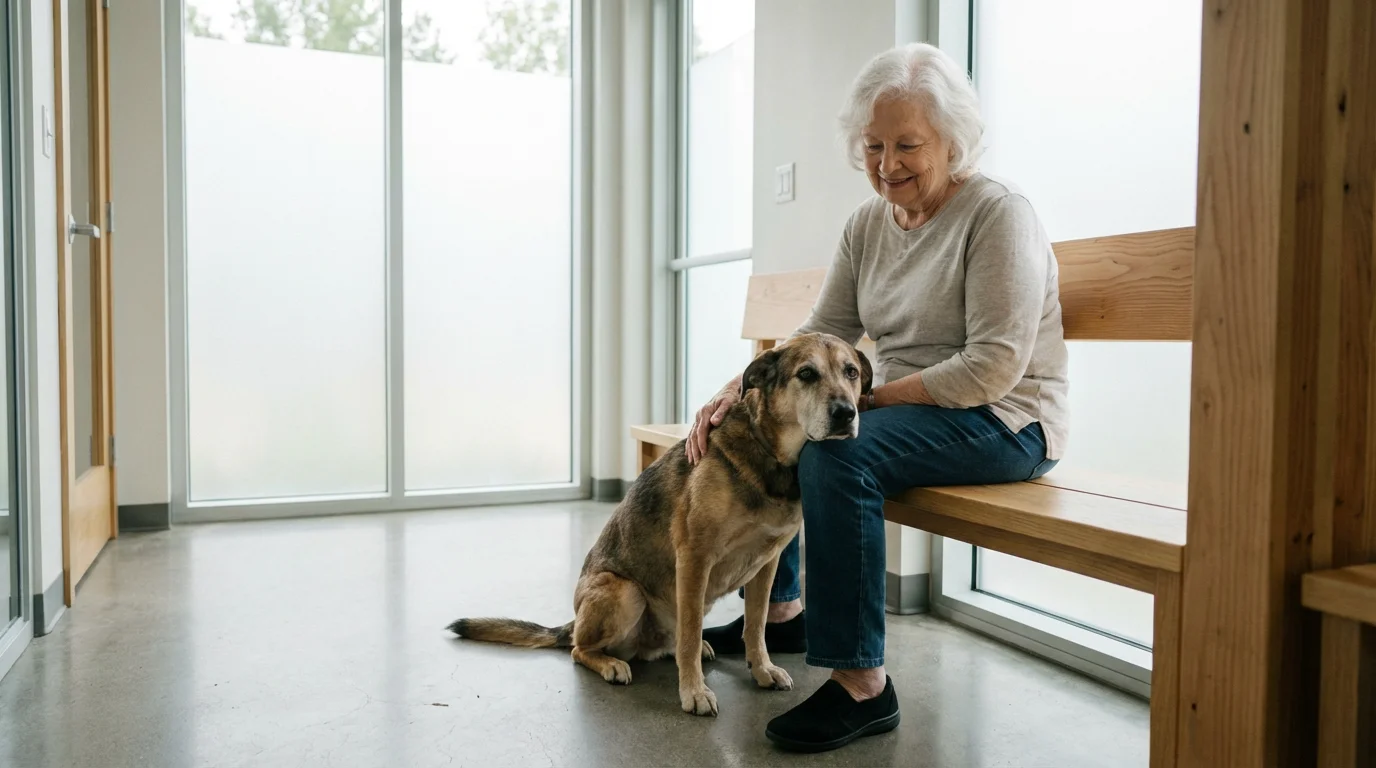 A senior woman meets a gentle shelter dog in a bright, modern adoption center.