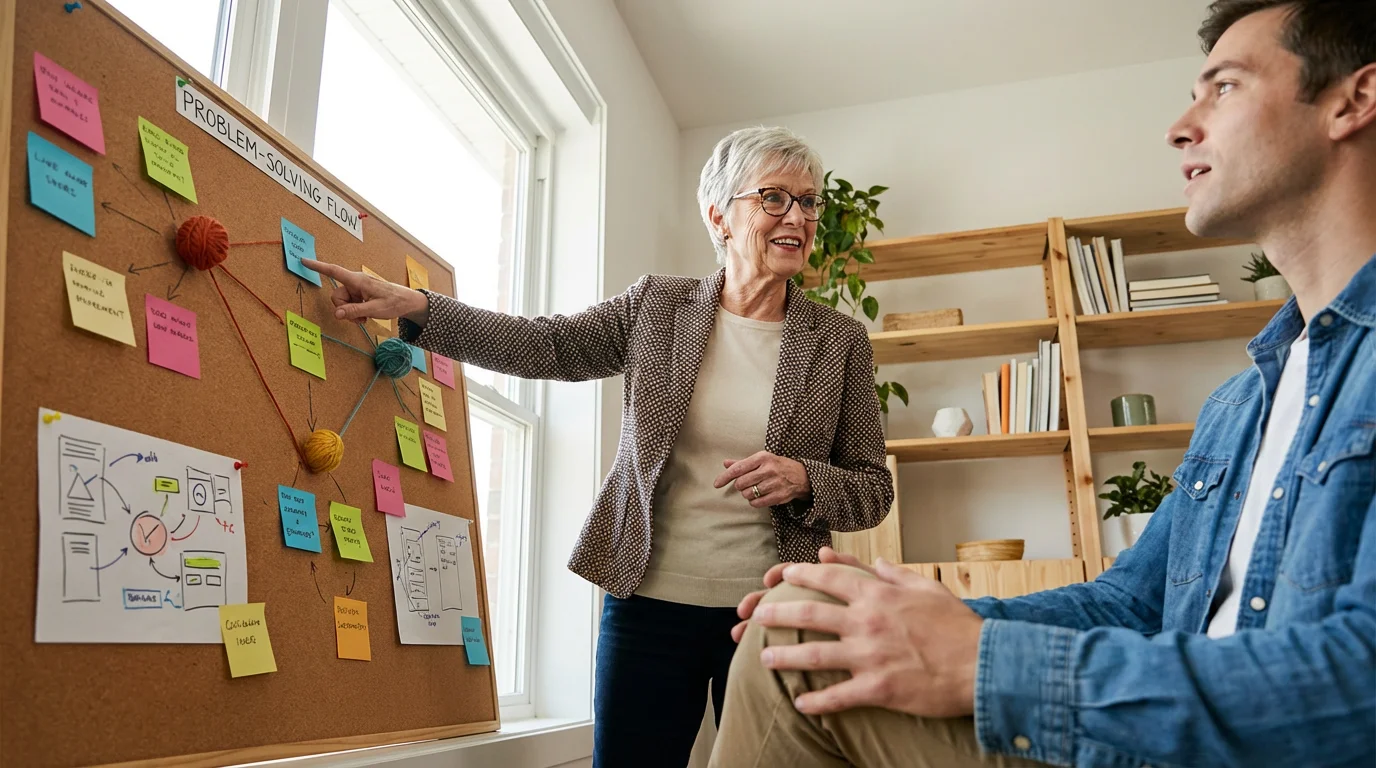 A senior woman mentoring a young man, pointing to a large problem-solving mind map.