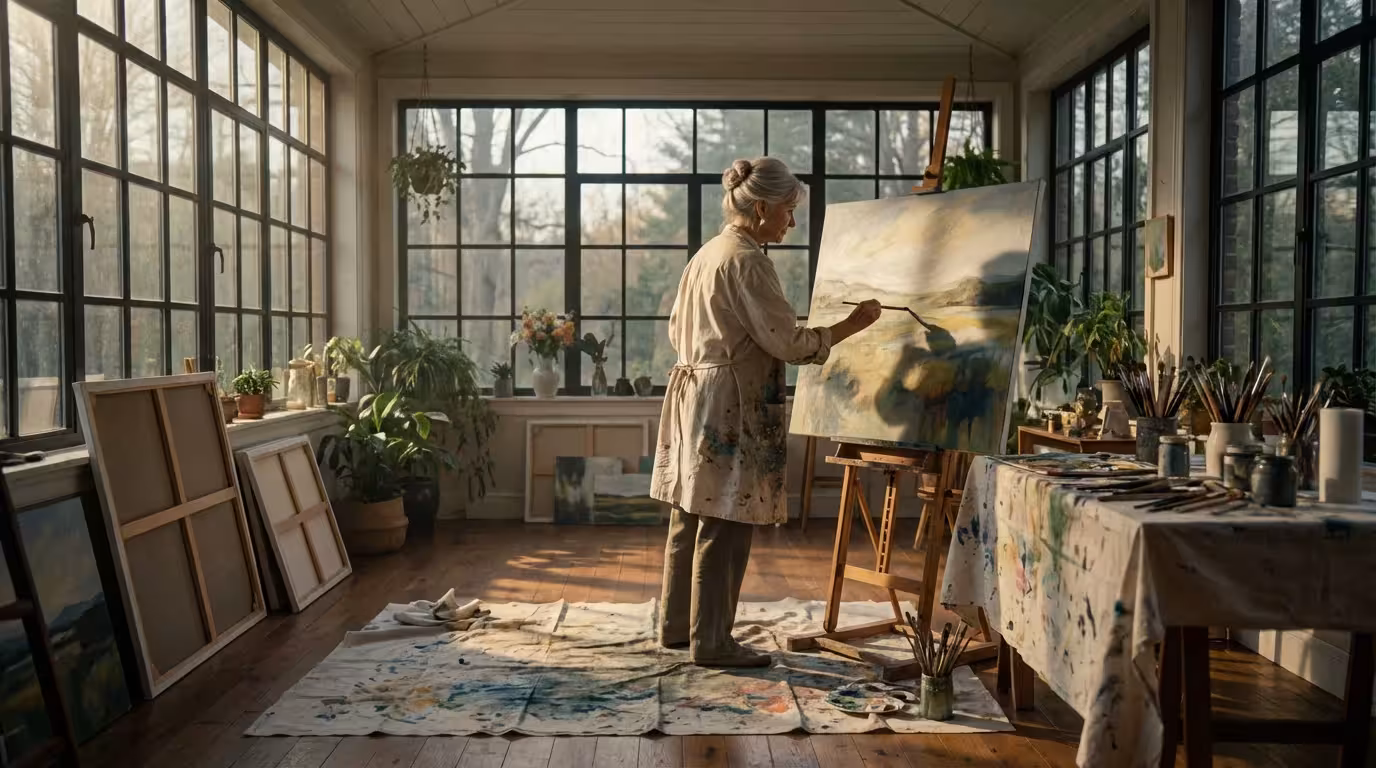 A senior woman painting on a canvas in her sunlit home art studio.