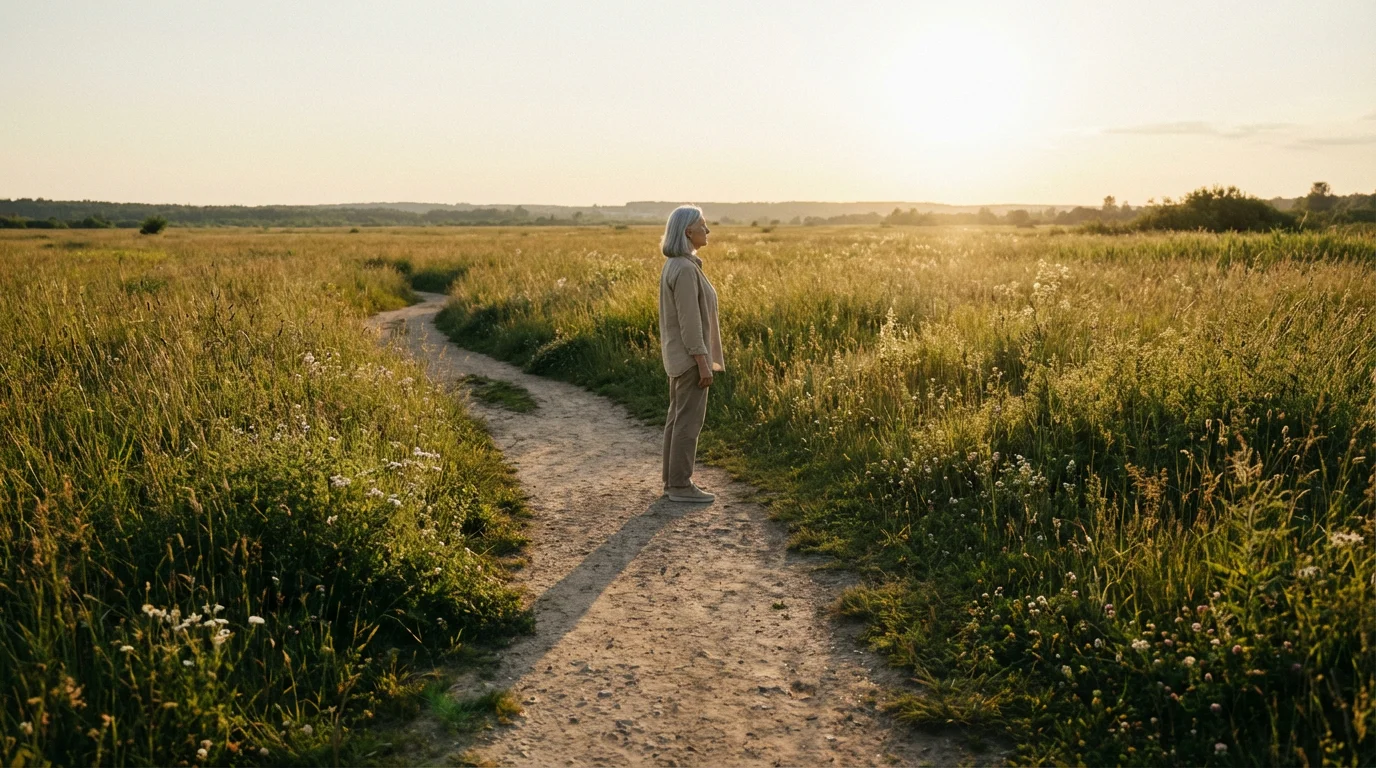 A senior woman pauses thoughtfully on a winding meadow path during a golden hour sunset.