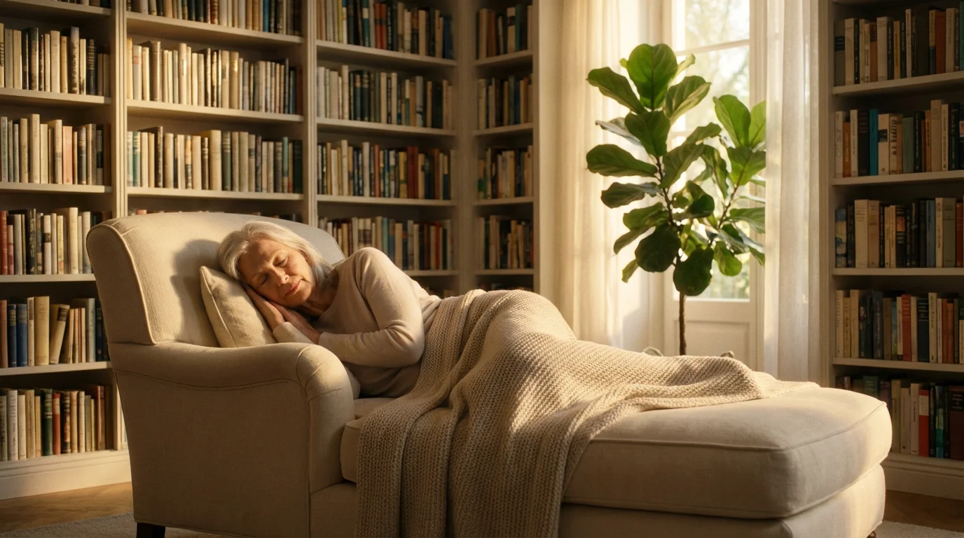 A senior woman peacefully napping on a chaise lounge in a cozy, sunlit home library.