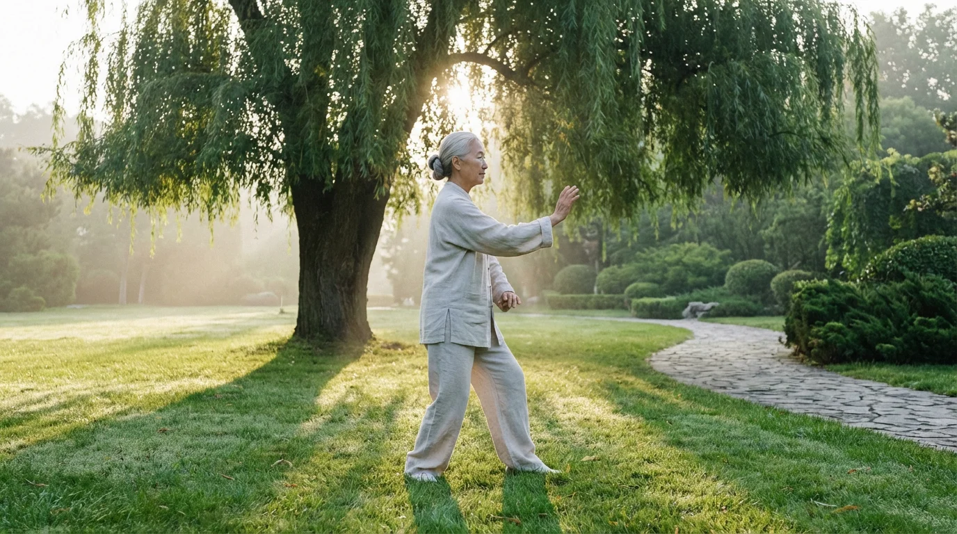 A senior woman performing gentle Tai Chi exercises in a peaceful park at sunrise.