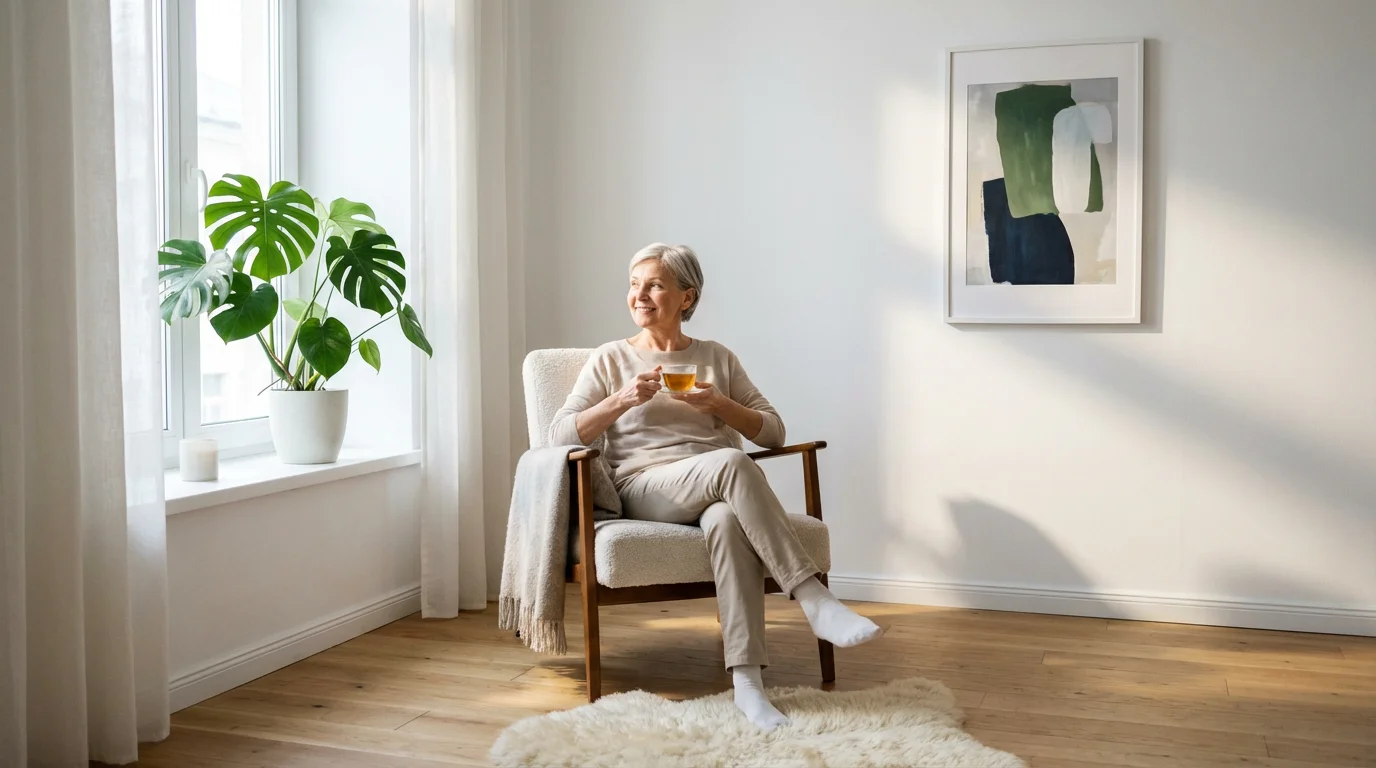 A senior woman relaxes with tea in a sunlit armchair in her new home.