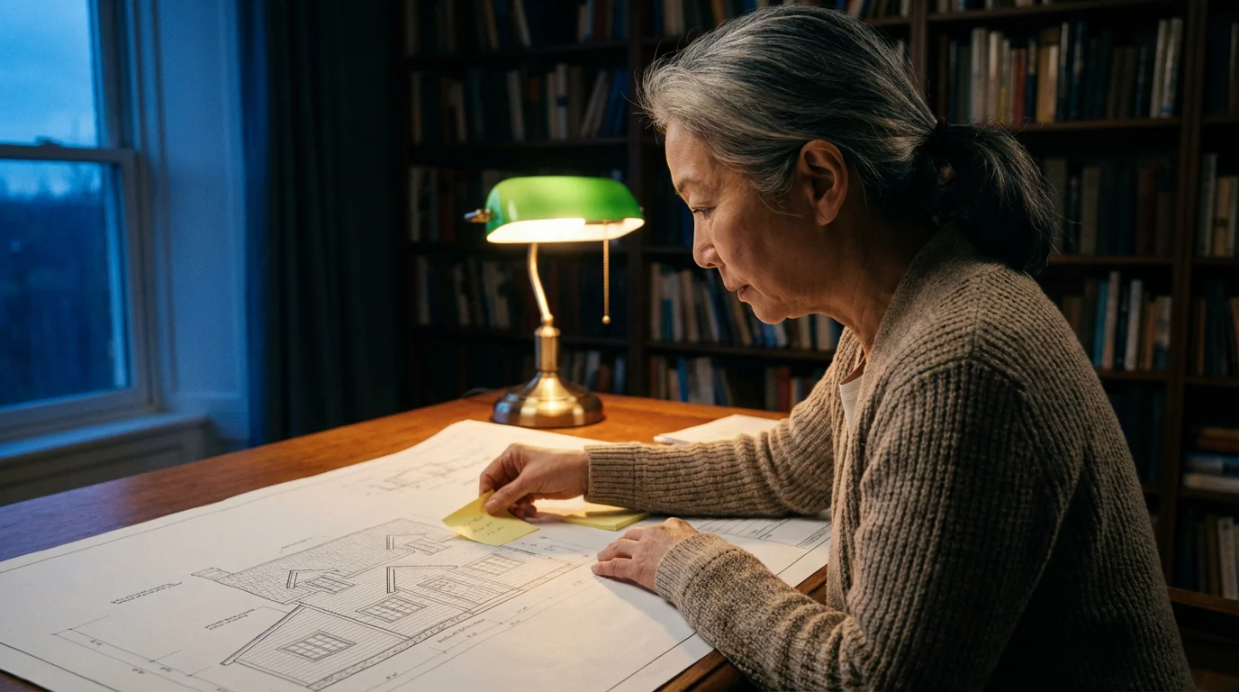 A senior woman seen from over her shoulder, planning her downsizing with floor plans.