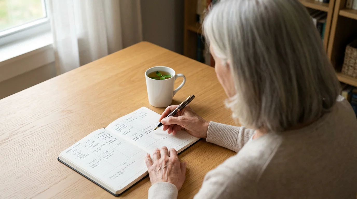 A senior woman seen from over her shoulder, writing in a health planner.