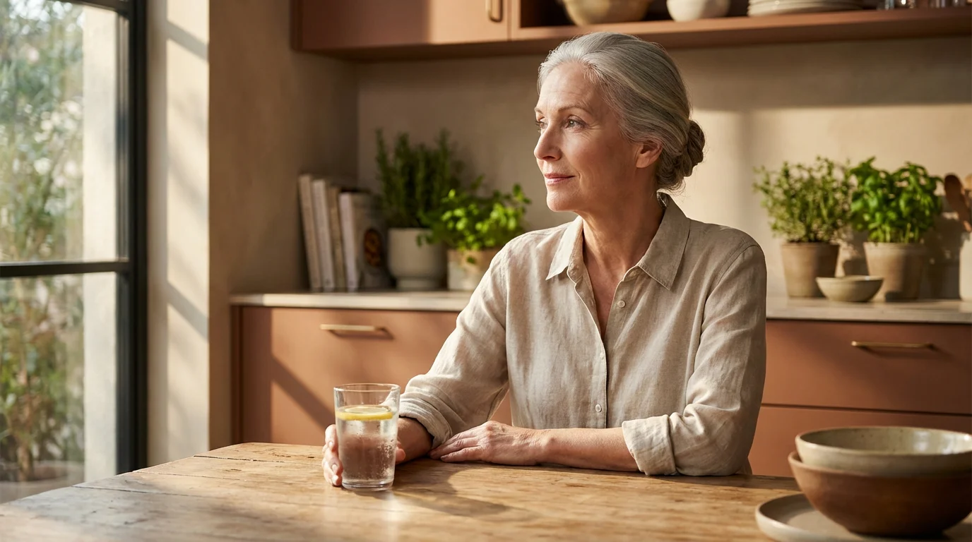 A senior woman sits at a kitchen table with a glass of water.