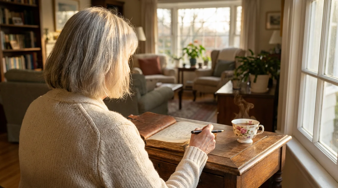 A senior woman sitting at a desk thoughtfully writing in her journal during sunset.