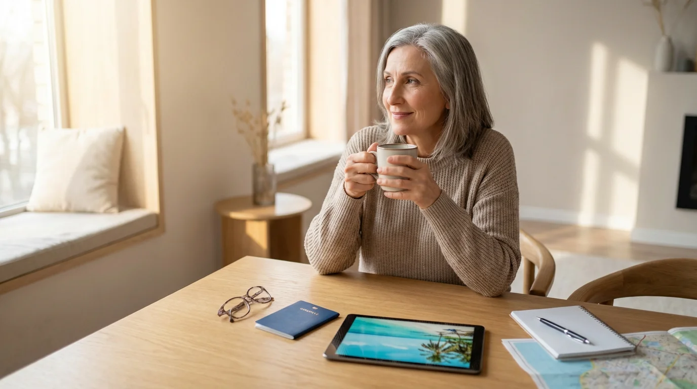 A senior woman sitting at a table planning her retirement travel with a tablet.