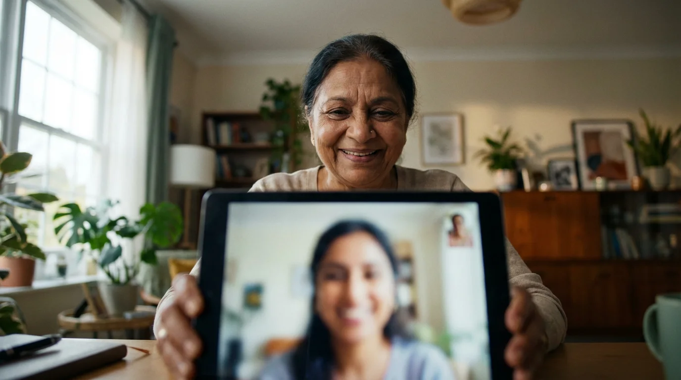 A senior woman smiles warmly while video calling a loved one on a tablet.