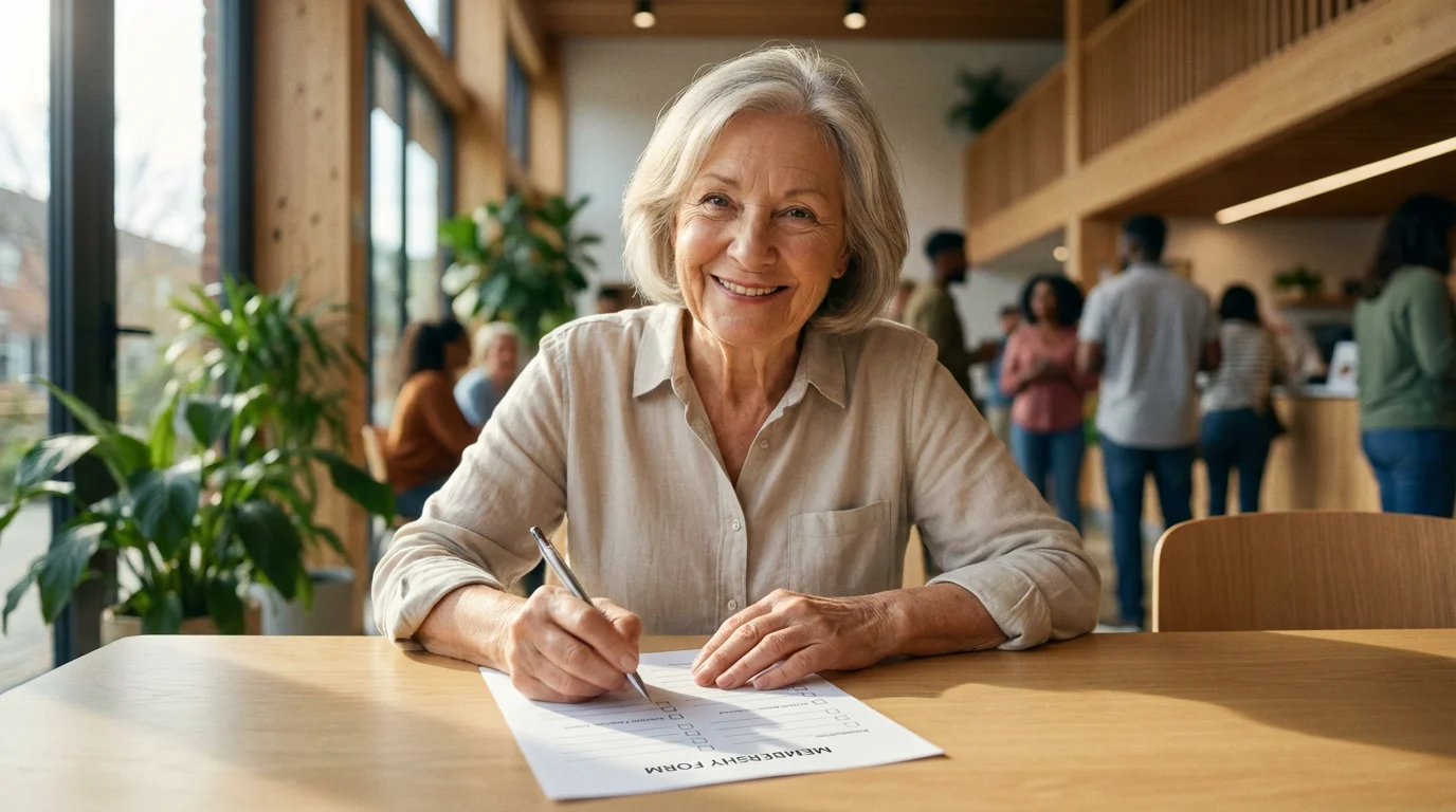 A senior woman smiles while filling out a membership form at a community center.