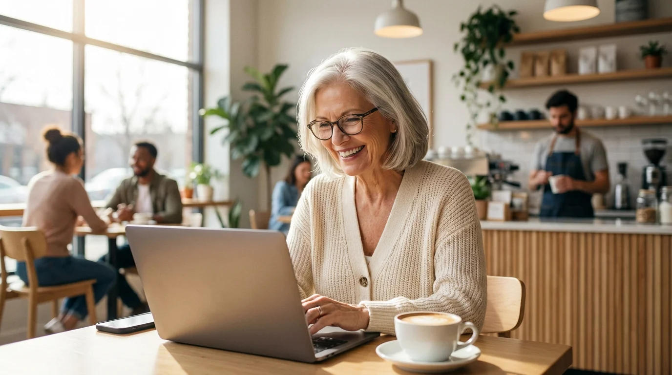 A senior woman smiles while reading comments on her laptop in a sunny cafe.