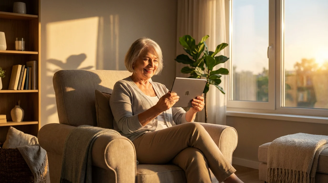 A senior woman smiles while video calling family on a tablet during golden hour.