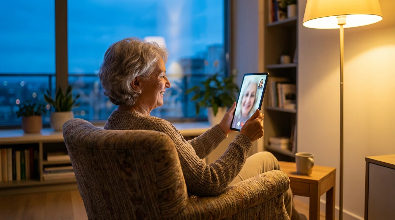 A senior woman smiling while video chatting with a friend on a tablet at dusk.