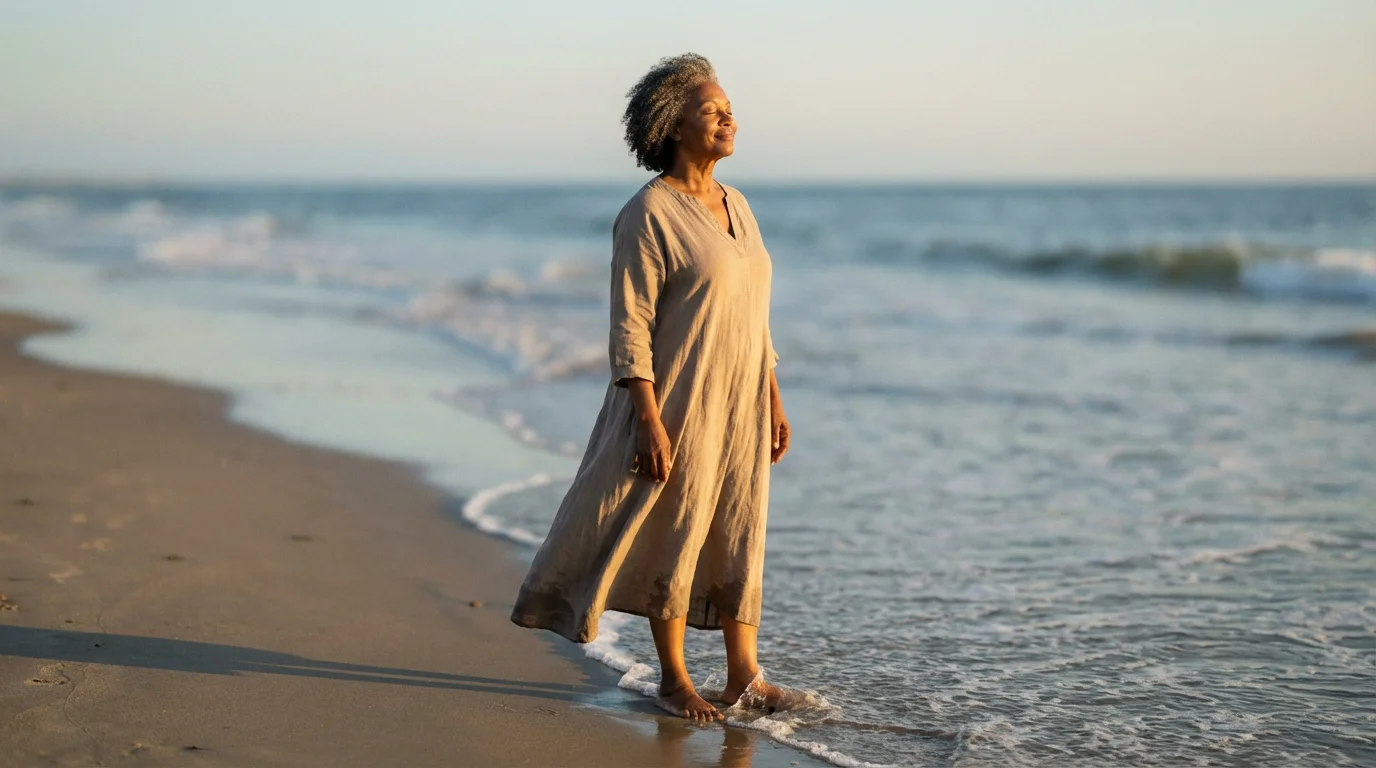 A senior woman stands barefoot on a beach at sunrise, practicing mindfulness by the ocean.