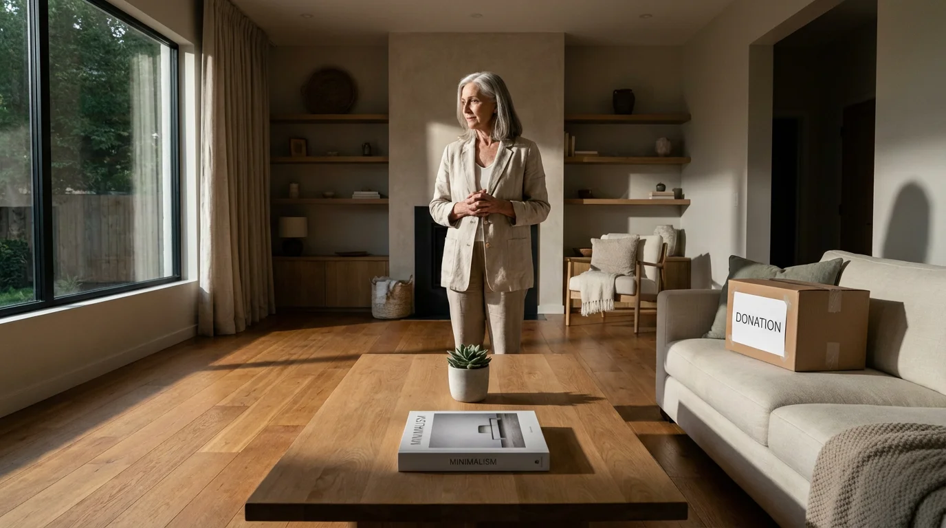 A senior woman surveys her spacious, newly decluttered living room in the late afternoon.