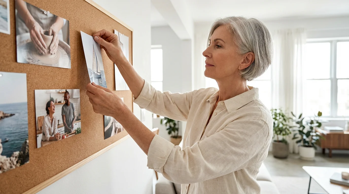 A senior woman thoughtfully adds a picture to her physical retirement vision board at home.