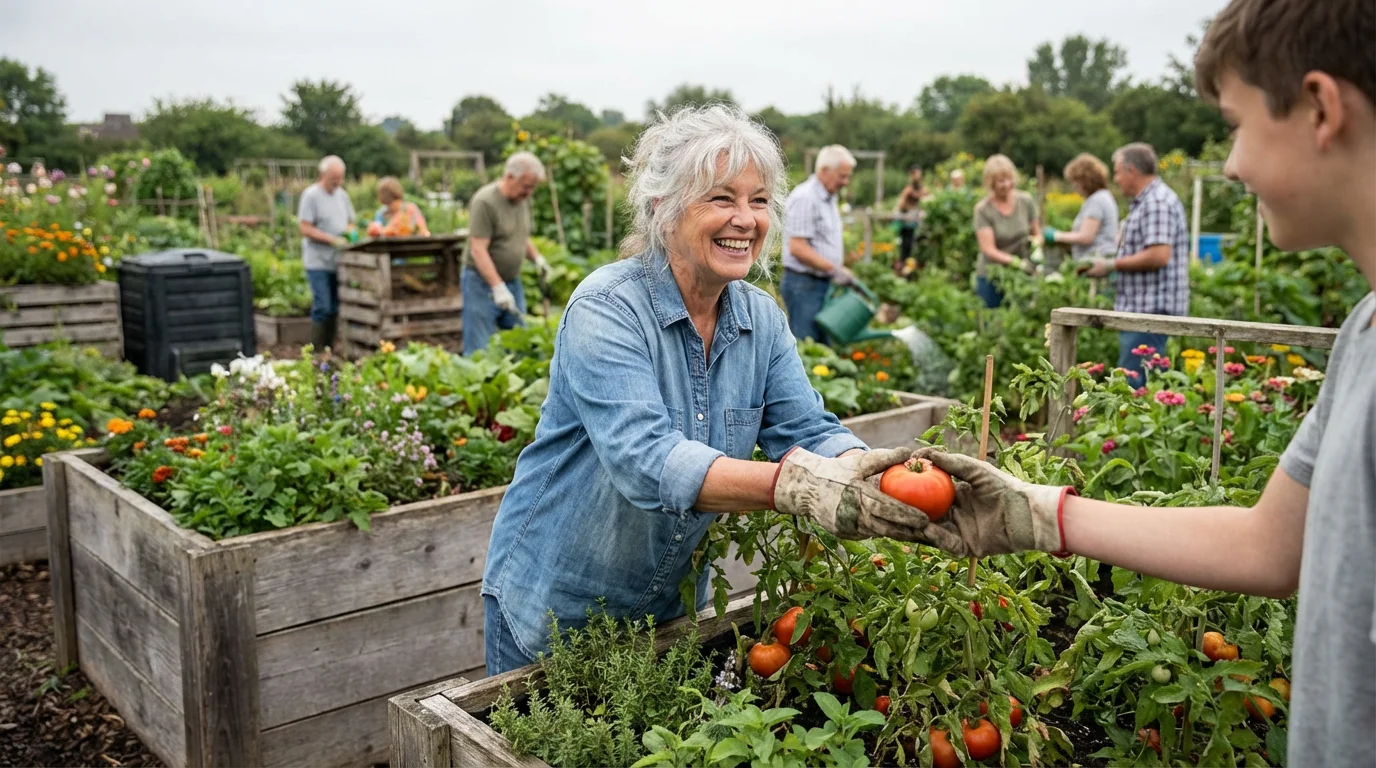 A senior woman volunteering in a community garden, smiling as she shares fresh vegetables.