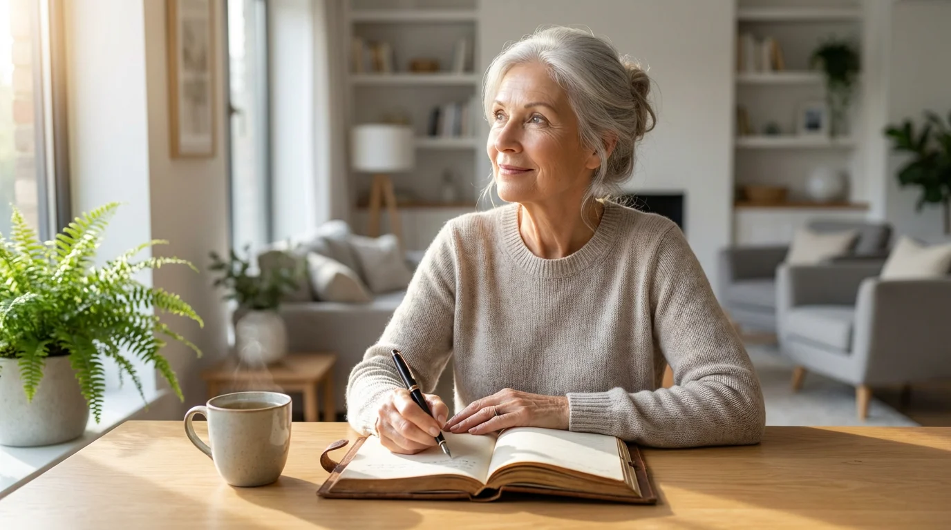 A senior woman with a gentle smile writes in a gratitude journal by morning light.