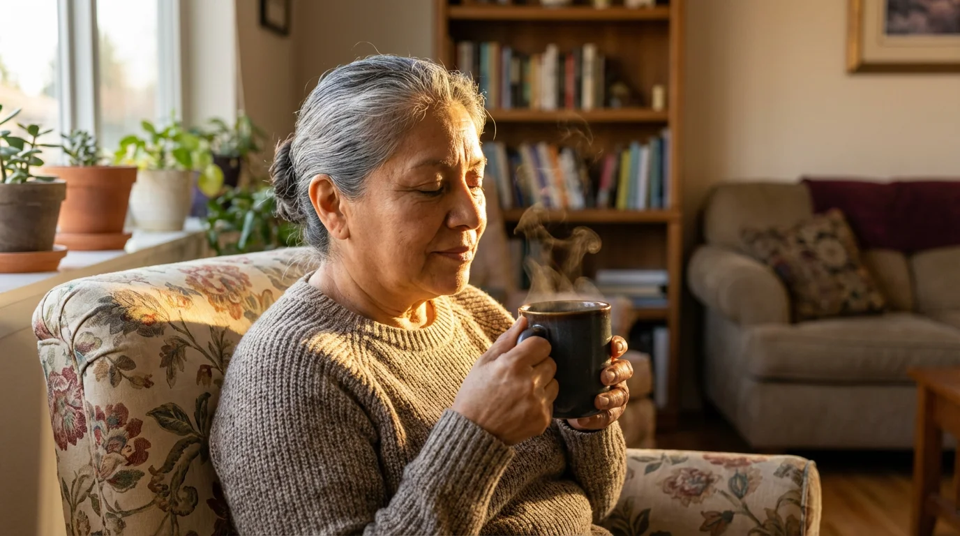 A senior woman with eyes closed, holding a mug, practicing mindfulness in a sunlit room.