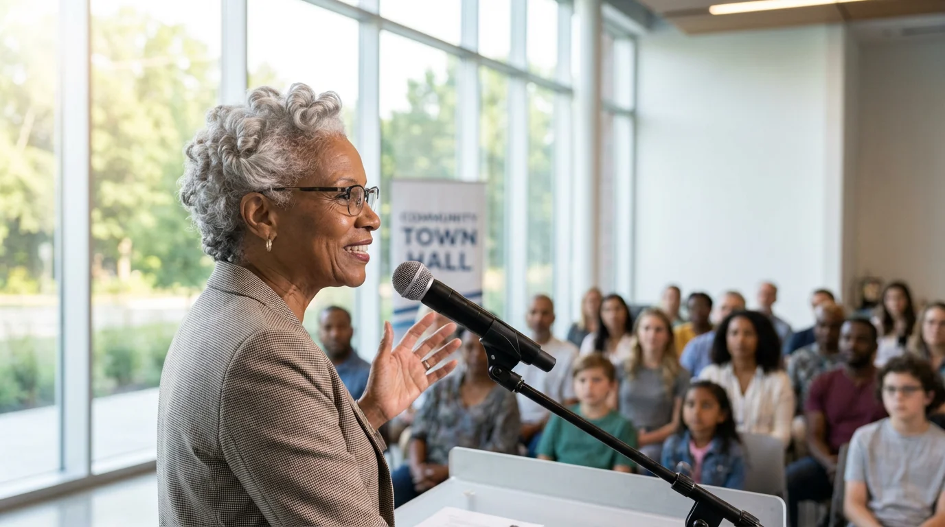 A senior woman with silver hair speaks confidently at a community town hall meeting.