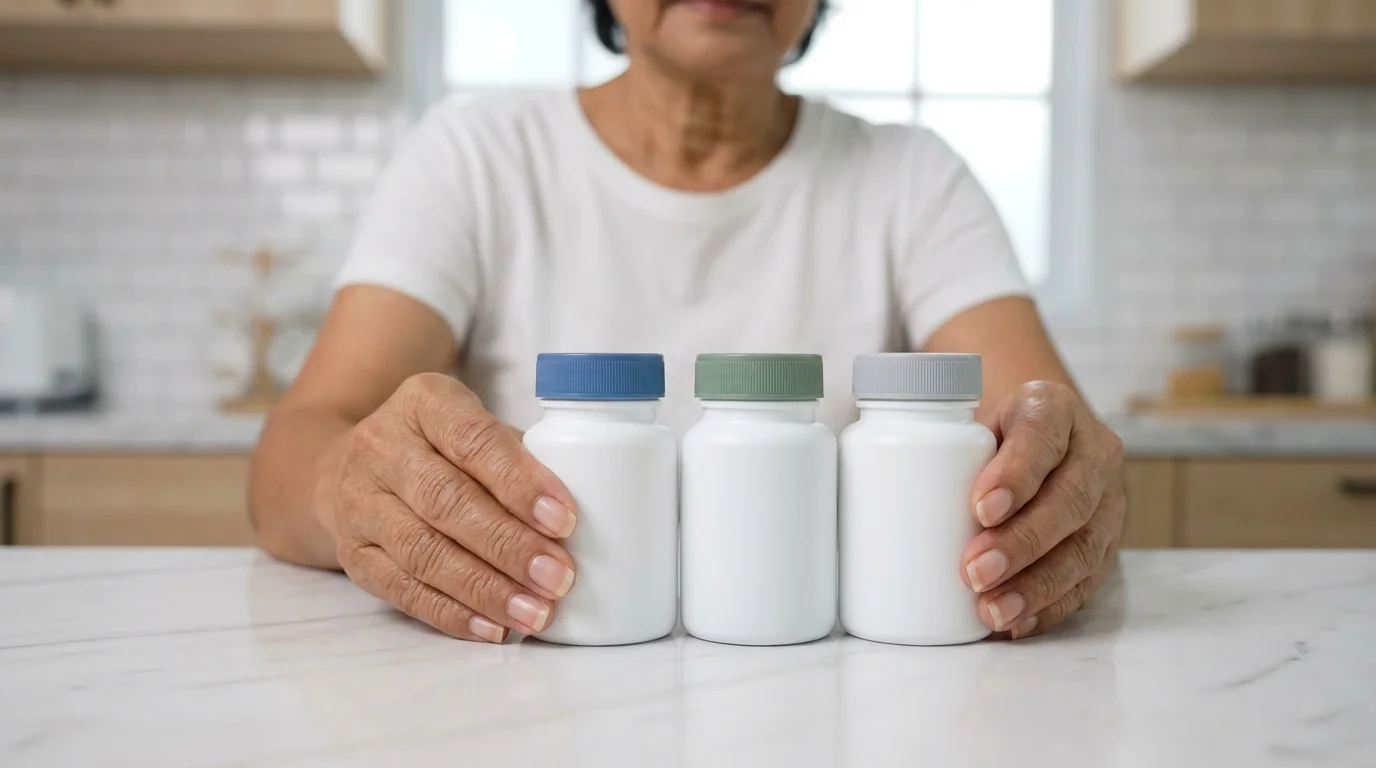 A senior woman's hands neatly organizing modern prescription bottles on a white marble countertop.