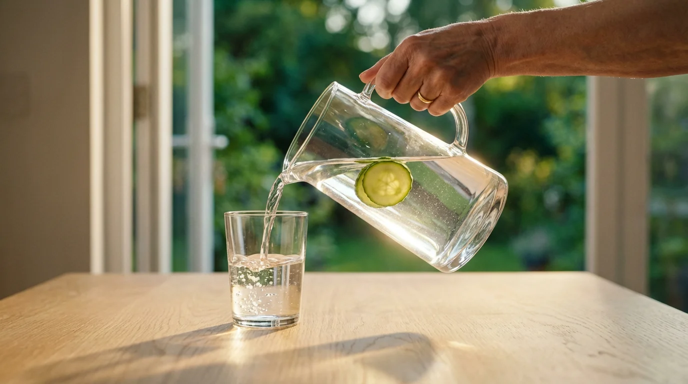 A senior's hand pouring clear water from a glass pitcher into a glass.