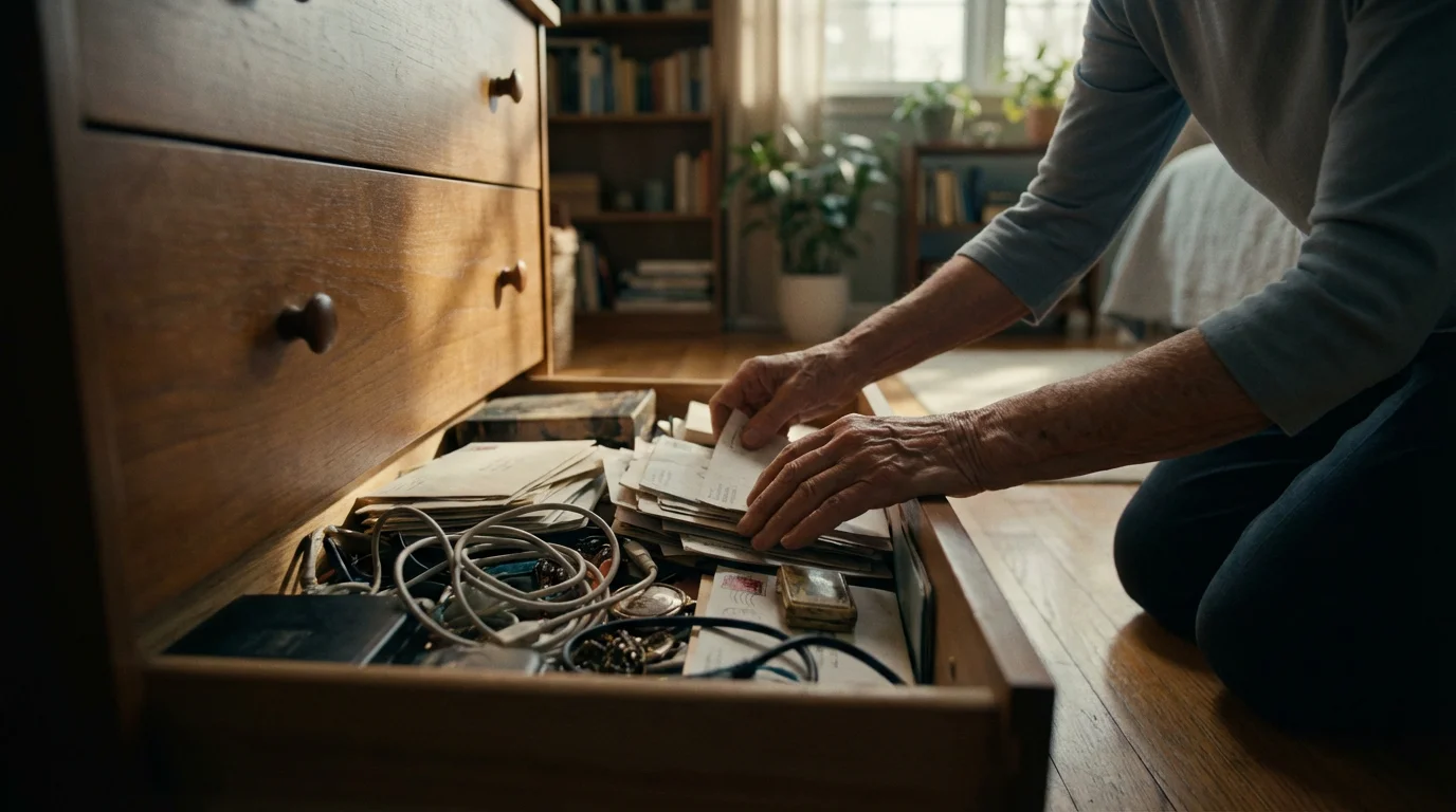A senior's hands thoughtfully sorting through a cluttered drawer during a home decluttering session.