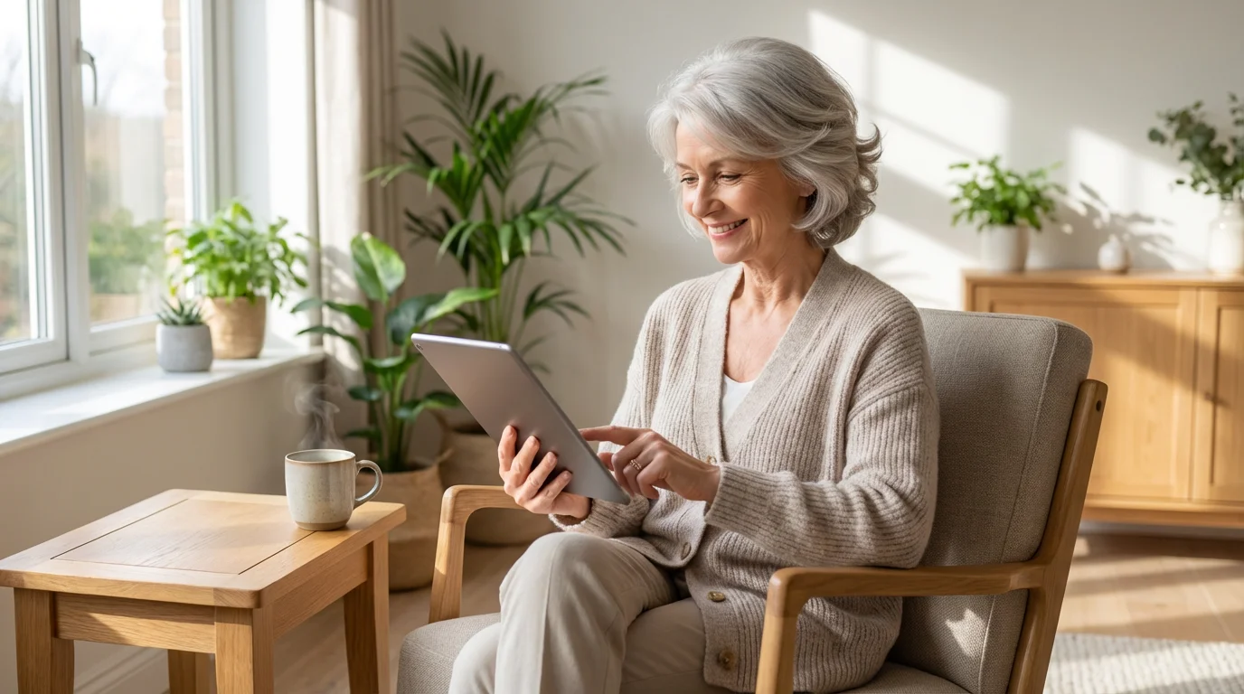A serene mature woman using a tablet for financial management in a sunlit living room.