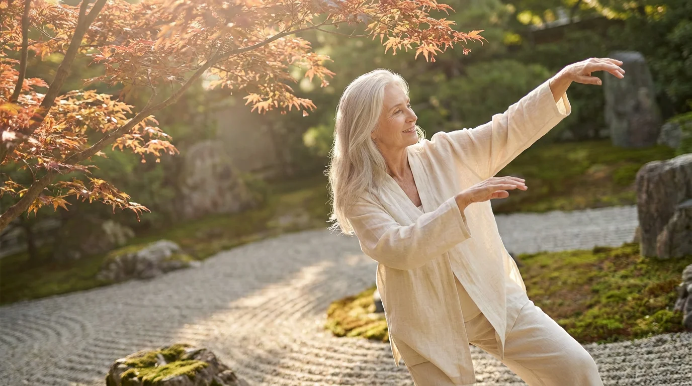 A serene older woman practicing tai chi in a Japanese Zen garden at sunrise.