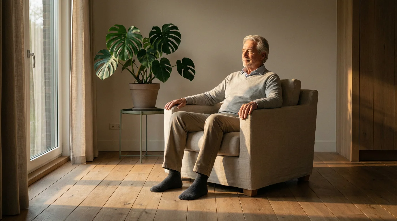 A serene senior man sits in an armchair looking out a sunlit window.