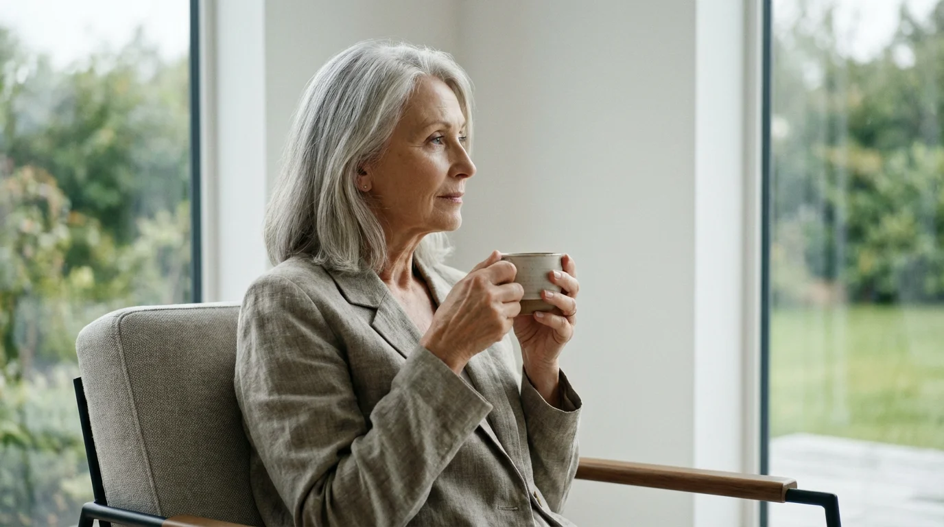 A serene senior woman mindfully holding a teacup by a window in a modern room.