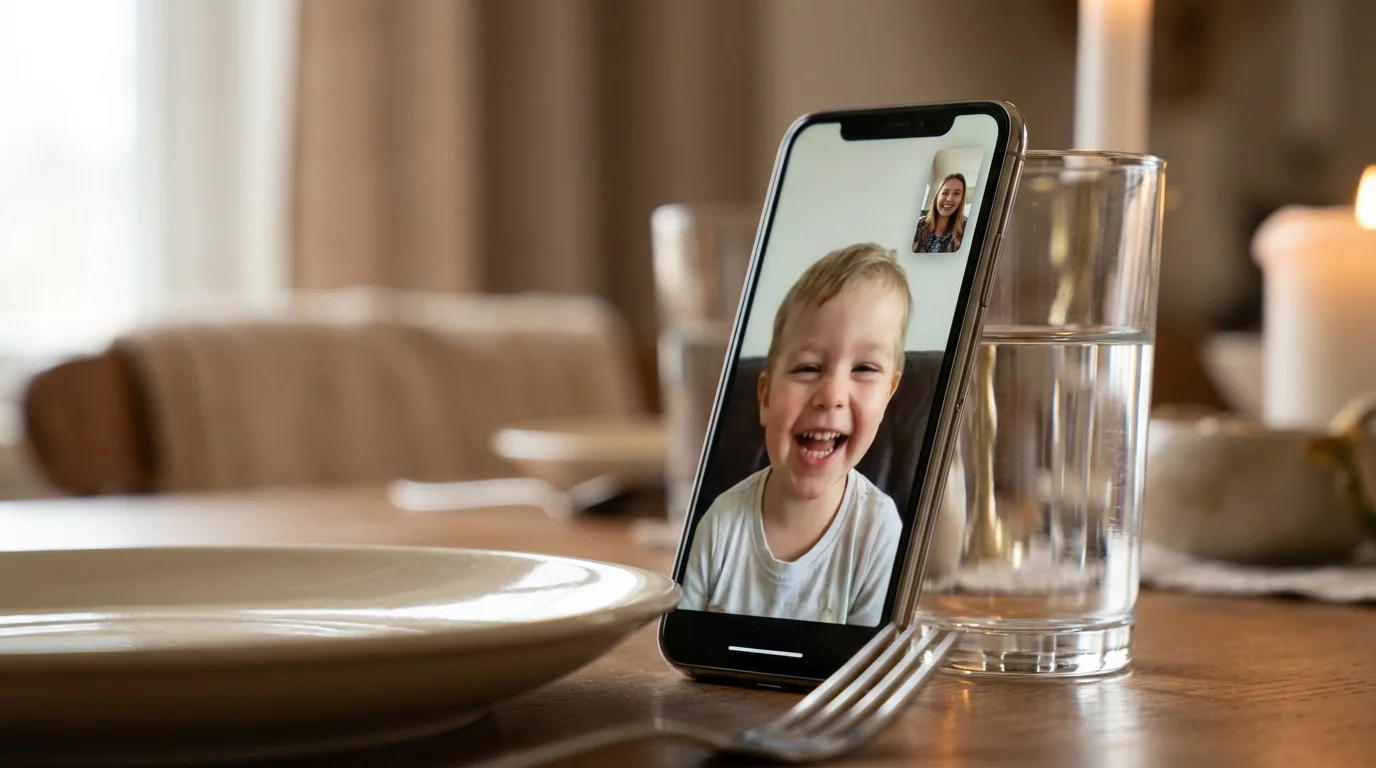 A smartphone on a dinner table shows a grandchild's face on a video call.