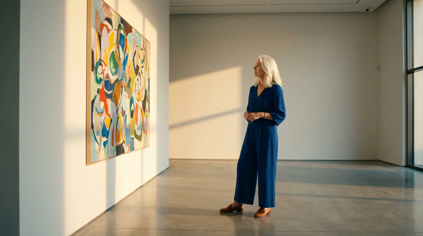 A stylish older woman in a blue jumpsuit observes a painting in a sunlit art gallery.