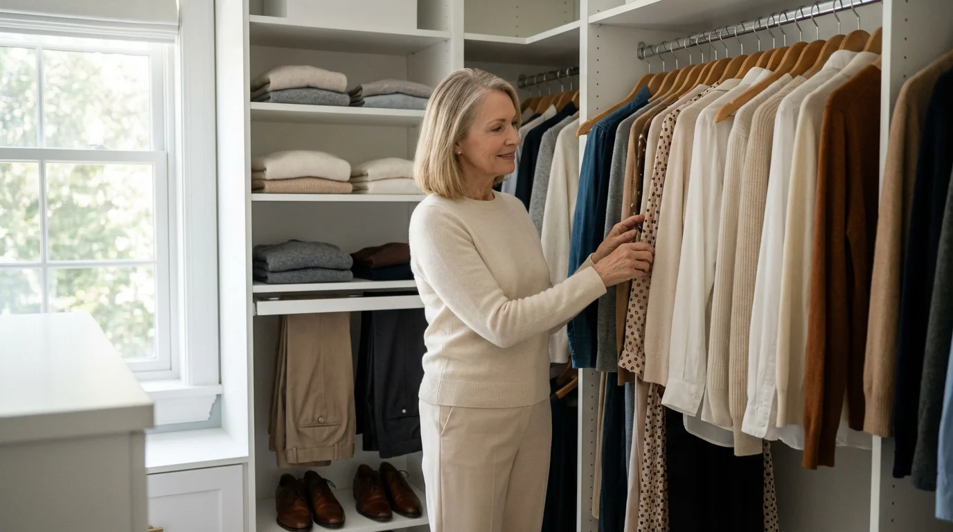 A stylish senior woman selecting foundational pieces from her bright, organized walk-in closet.