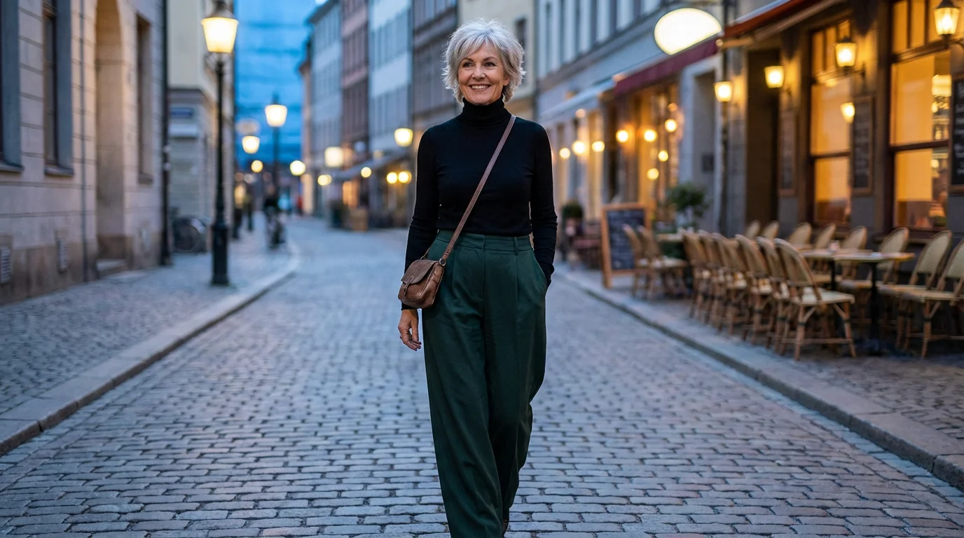 A stylish woman over 60 walks confidently down a European city street at dusk.
