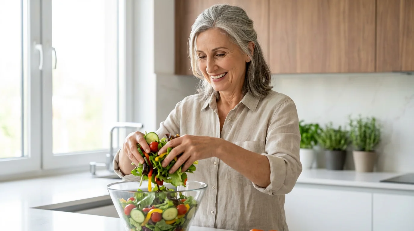 A vibrant older woman smiling while preparing a fresh, healthy salad in a sunlit kitchen.