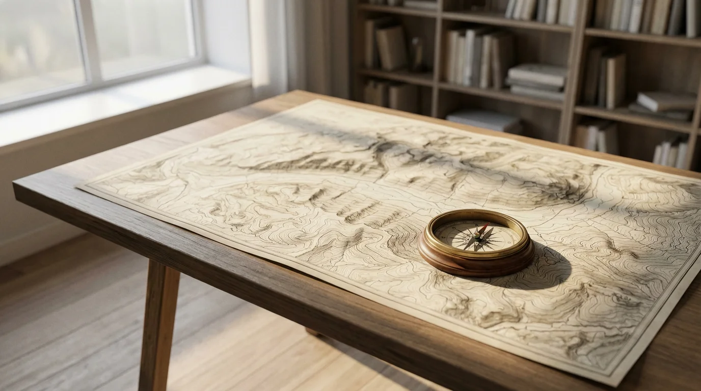 A vintage compass rests on a large map spread across a sunlit desk.