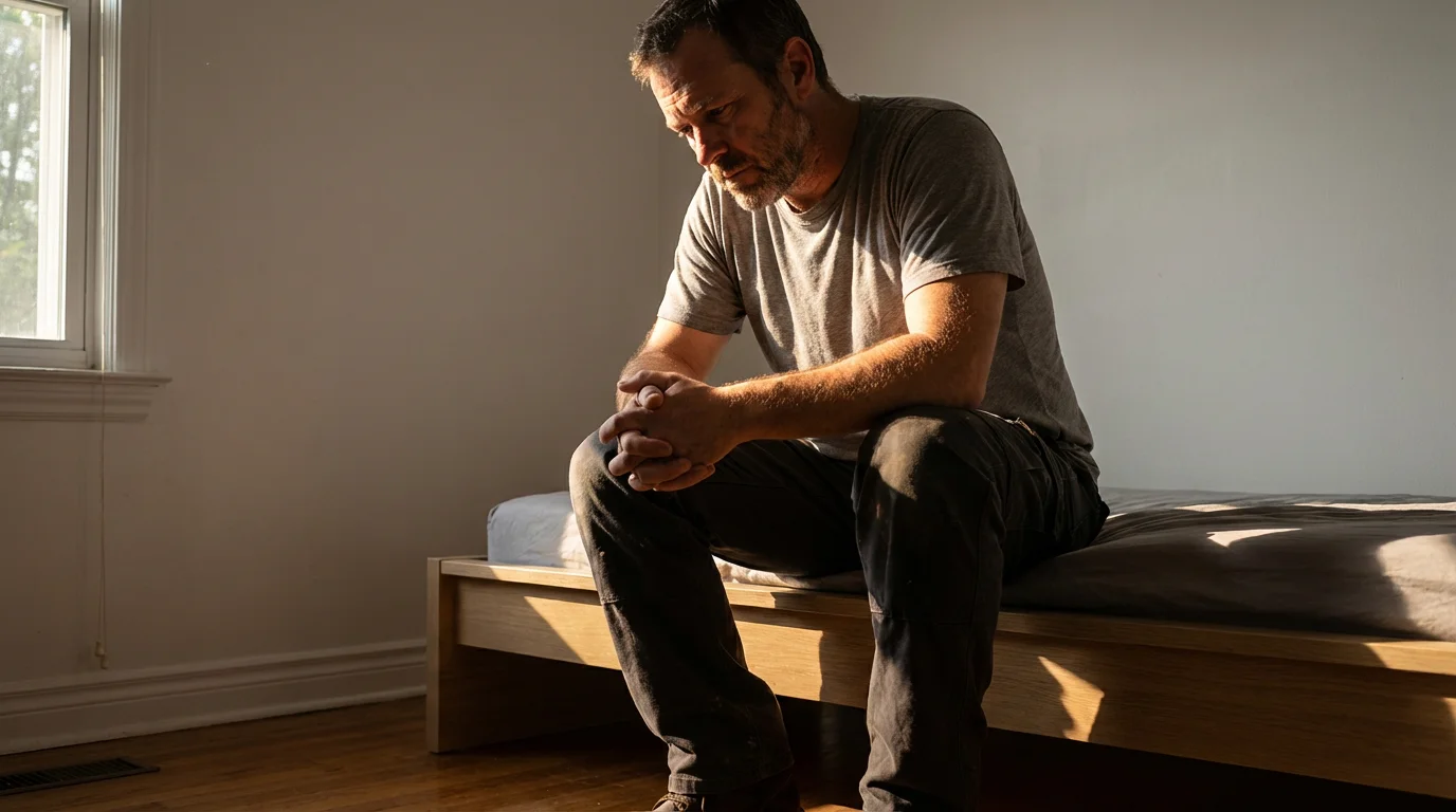 A weary man sits on the edge of his bed in a shadowy room.